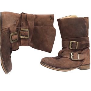 Ming brown leather suede buckle shearling lined moto booties size 38 7-1/2-8